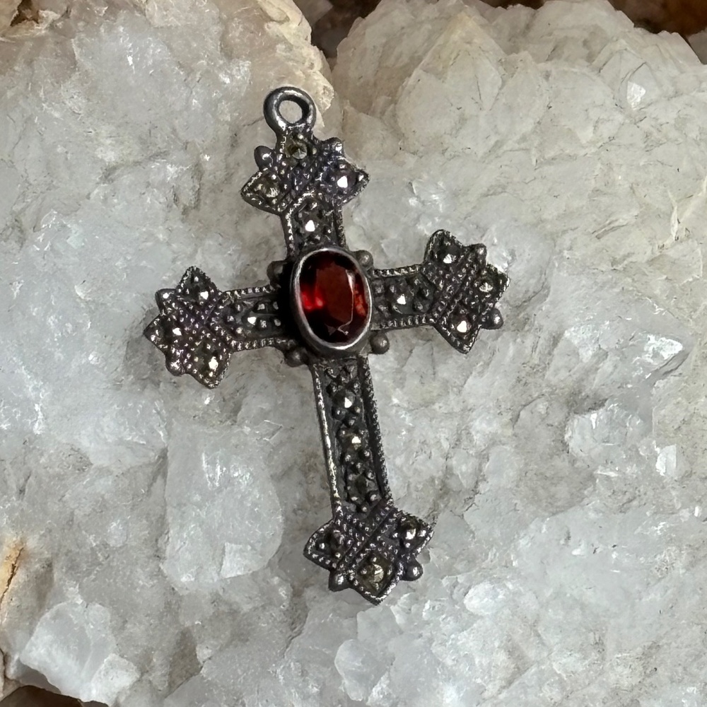 Vintage Sterling Silver Cross Pendant with Garnet and Marcasite